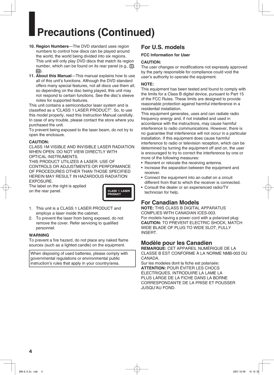 Integra DHS-8.8 manual Precautions, FCC Information for User 