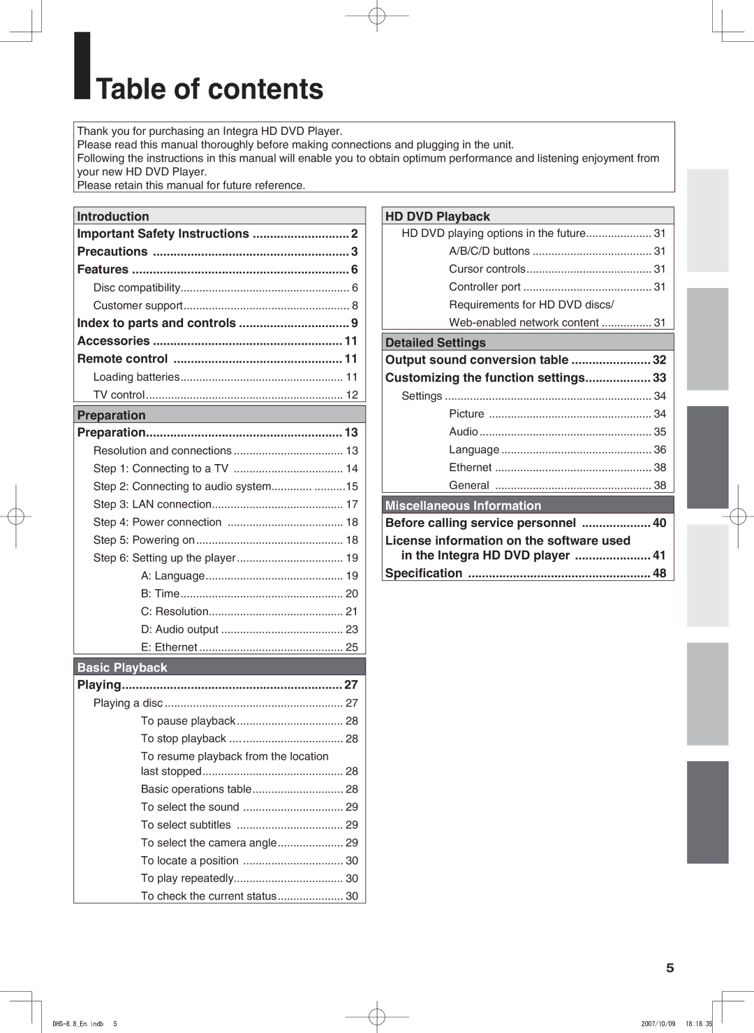 Integra DHS-8.8 manual Table of contents 