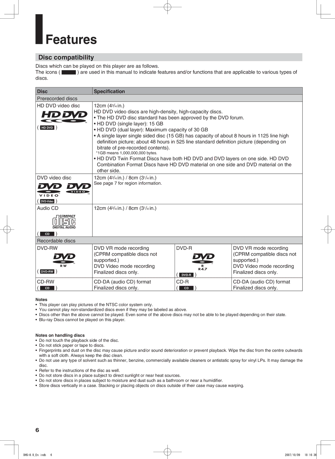 Integra DHS-8.8 manual Features, Disc compatibility, Disc Specification 