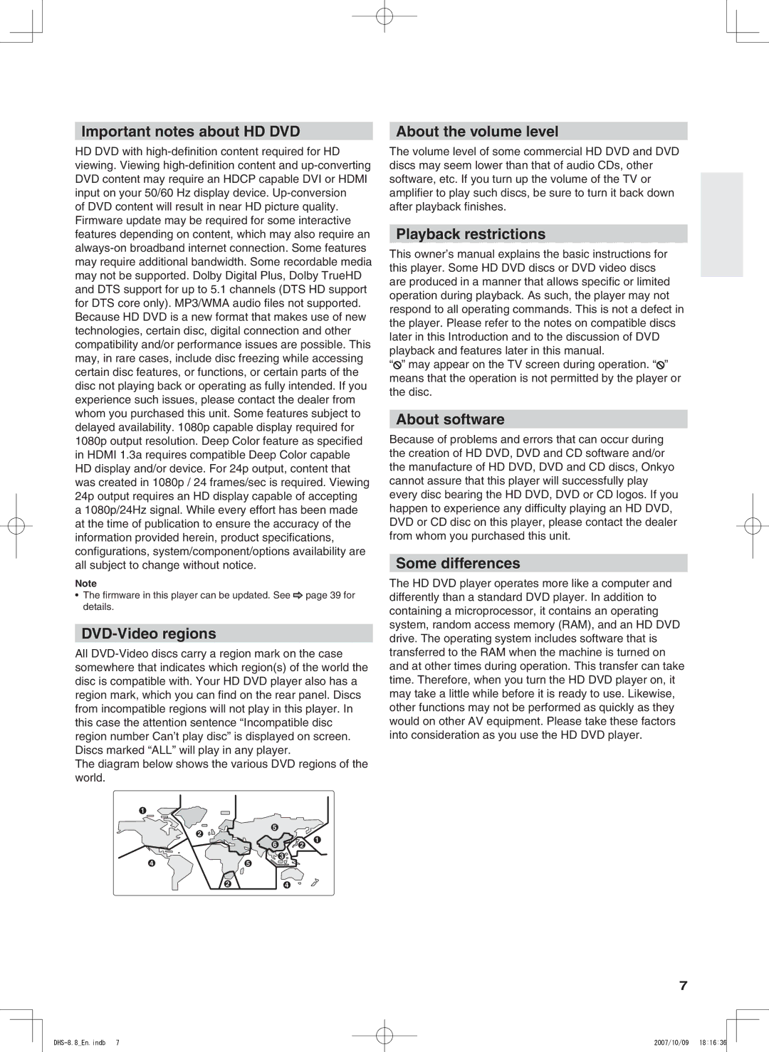 Integra DHS-8.8 manual Important notes about HD DVD, DVD-Video regions, About the volume level, Playback restrictions 