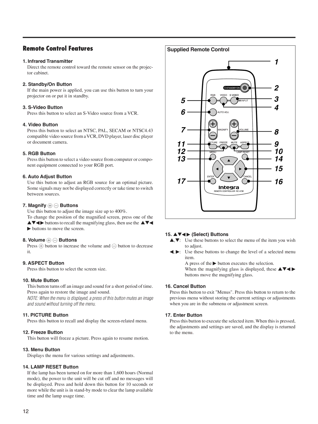 Integra DLV-100 instruction manual Remote Control Features, Supplied Remote Control 