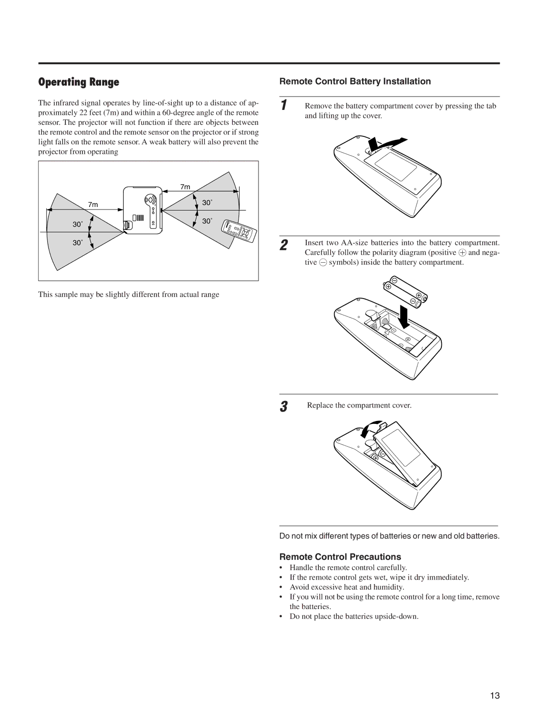 Integra DLV-100 instruction manual Operating Range, Remote Control Battery Installation, Remote Control Precautions 