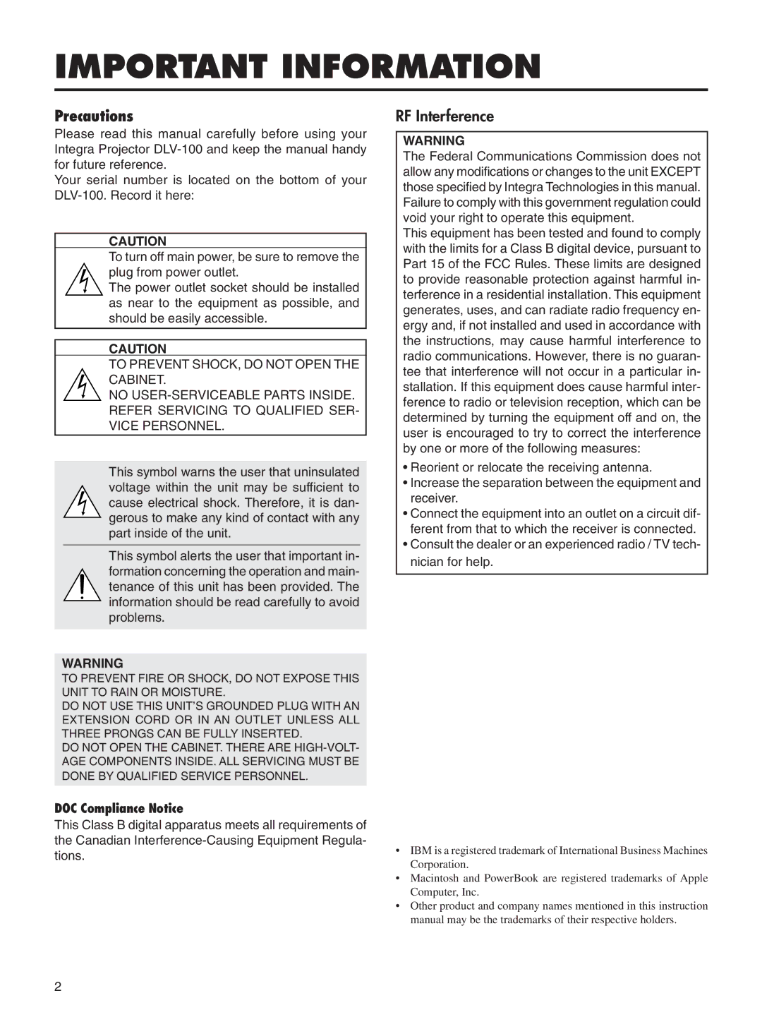 Integra DLV-100 instruction manual Important Information, Precautions 