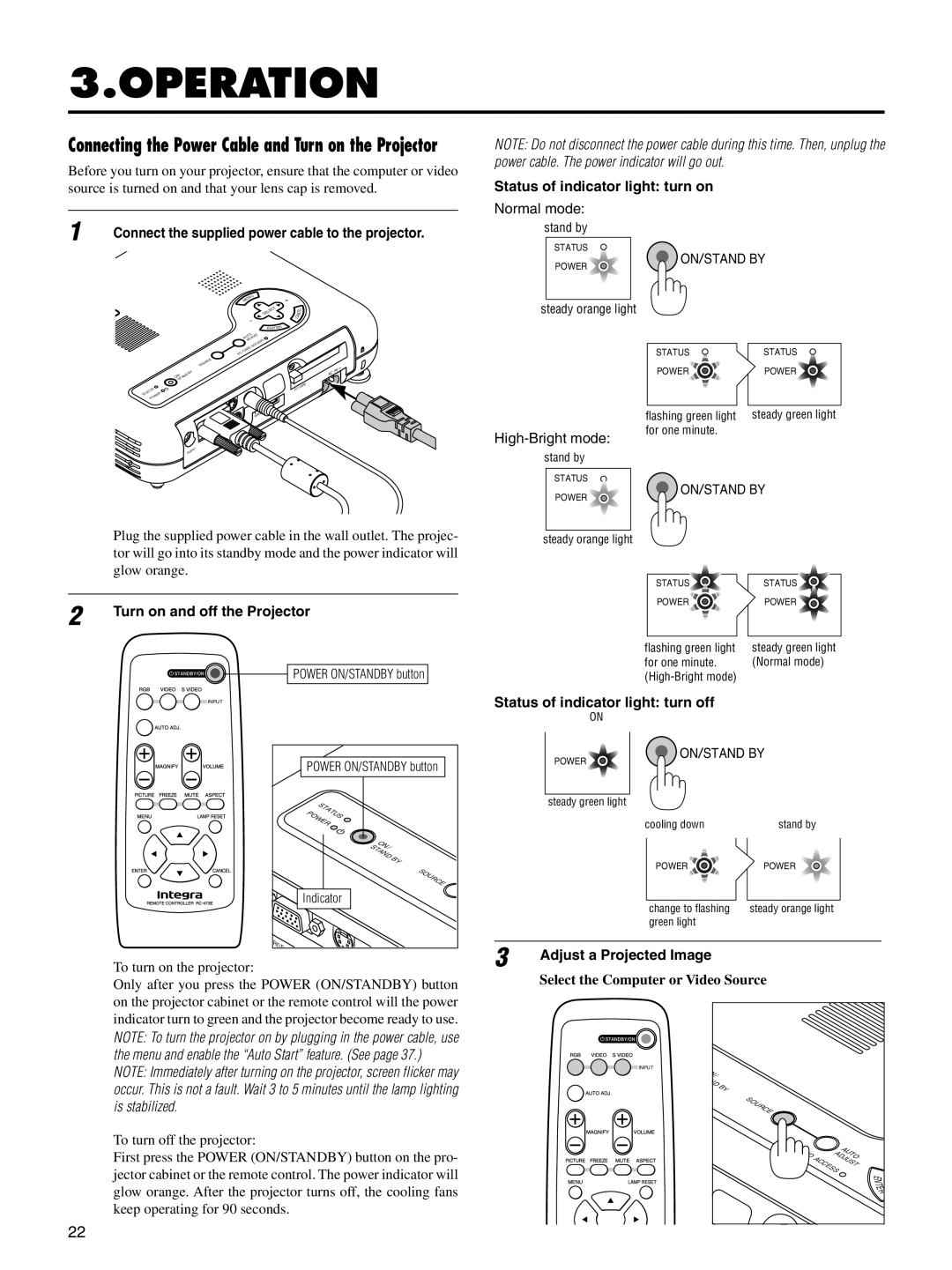 Integra DLV-100 Operation, Status of indicator light turn on, Turn on and off the Projector, Adjust a Projected Image 