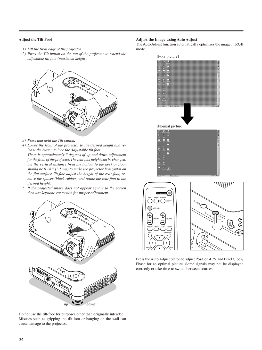 Integra DLV-100 Adjust the Tilt Foot, Adjust the Image Using Auto Adjust, Poor picture Normal picture, Up down 