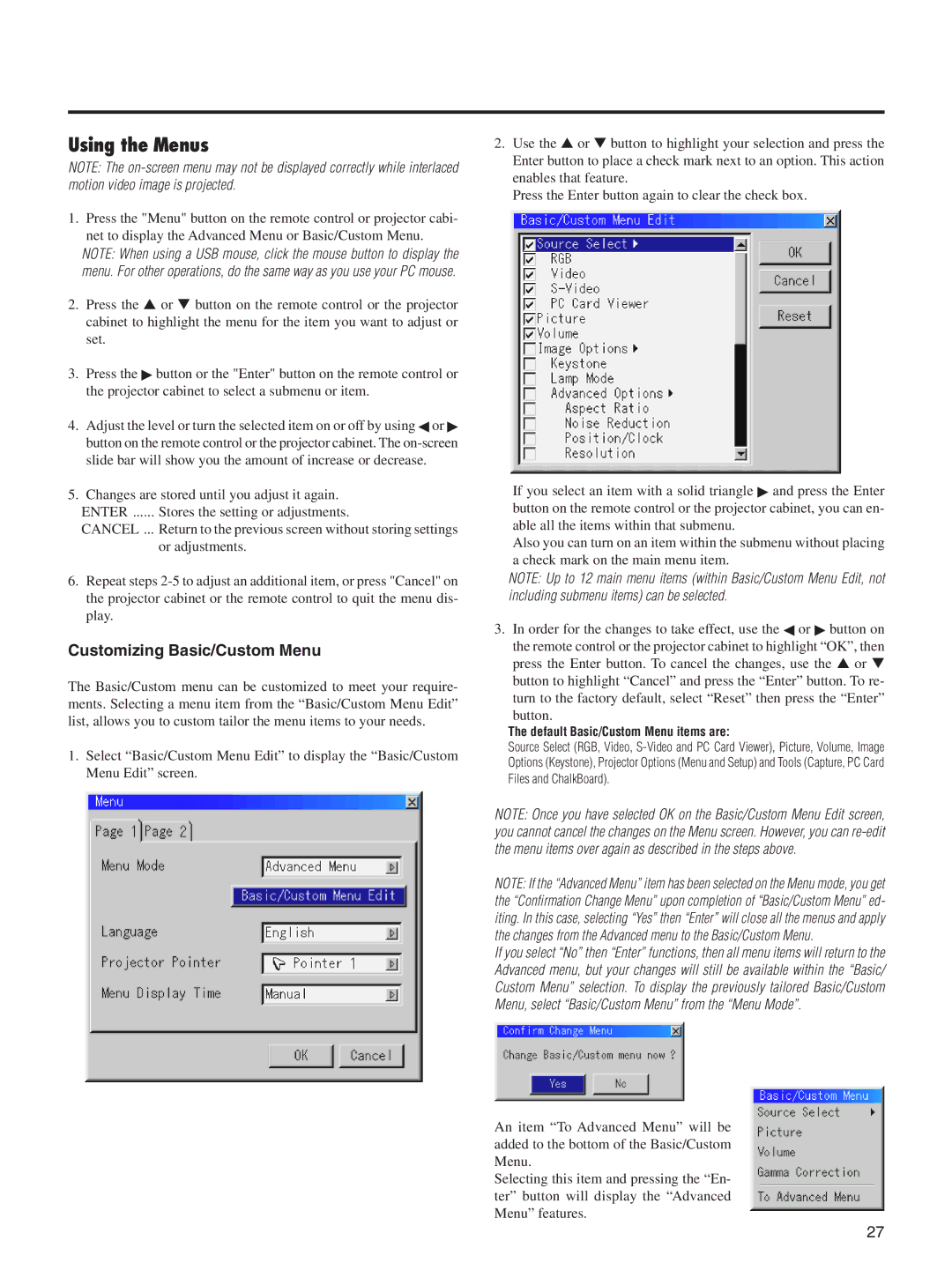 Integra DLV-100 instruction manual Using the Menus, Customizing Basic/Custom Menu 