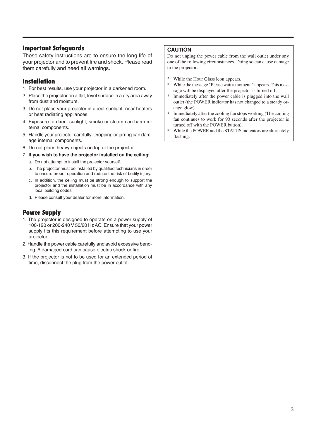 Integra DLV-100 instruction manual Important Safeguards, Installation, Power Supply 