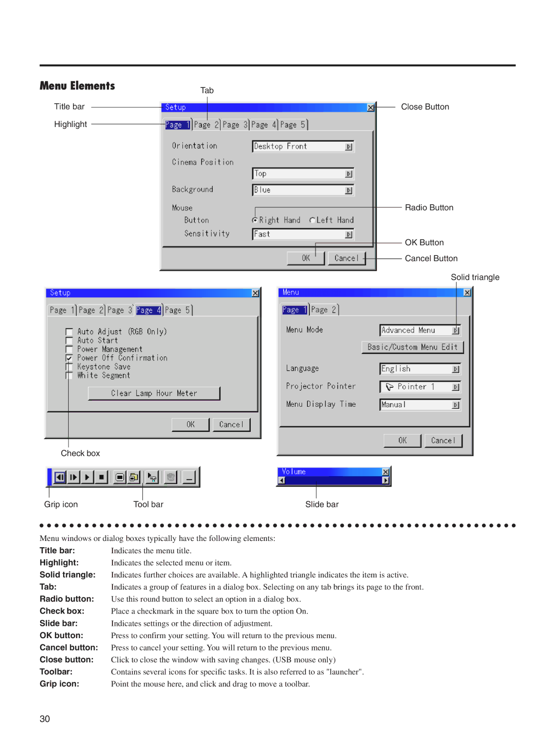 Integra DLV-100 instruction manual Menu Elements, Tab, Title bar 