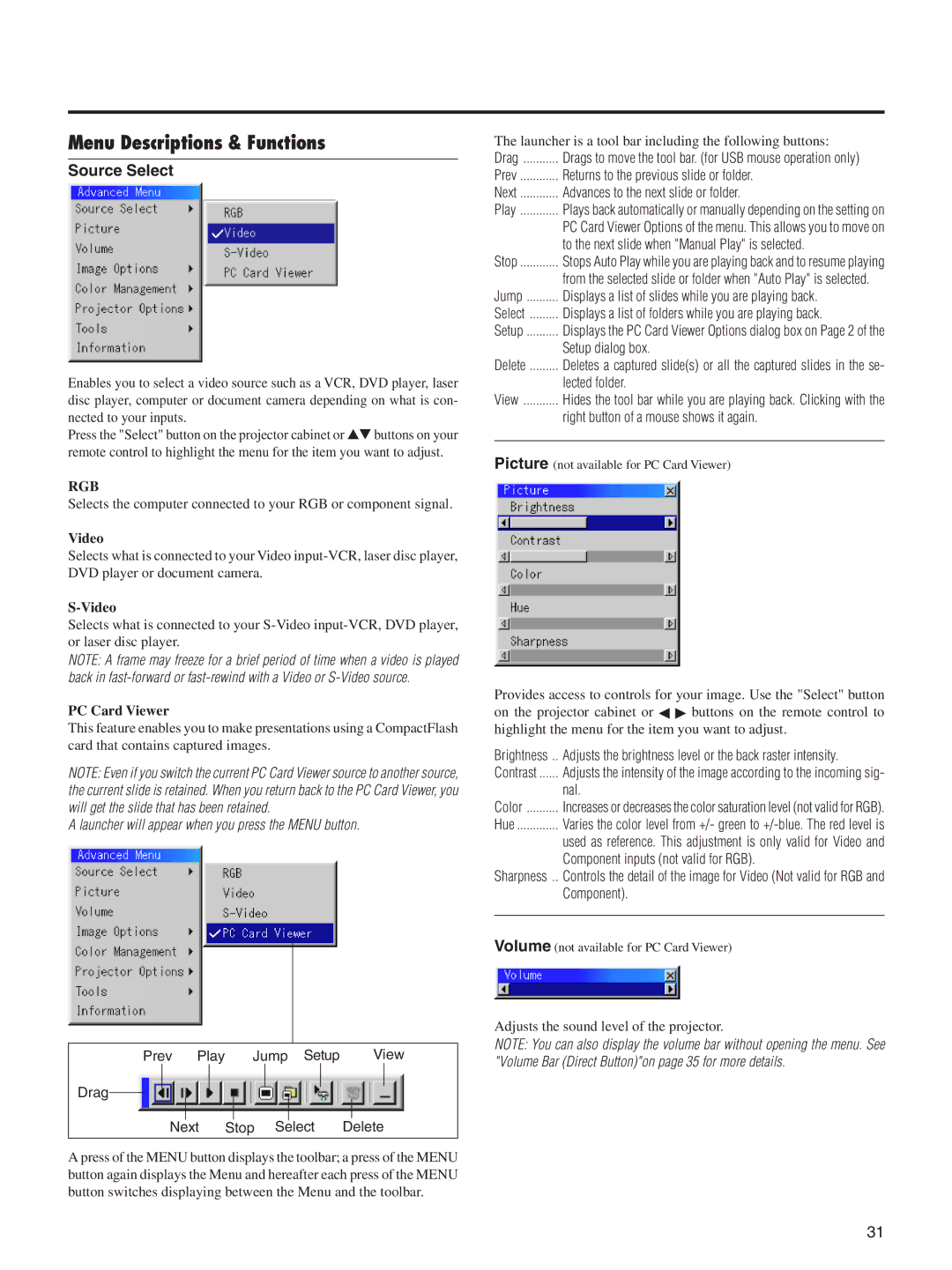 Integra DLV-100 instruction manual Menu Descriptions & Functions, Source Select, Video, PC Card Viewer 