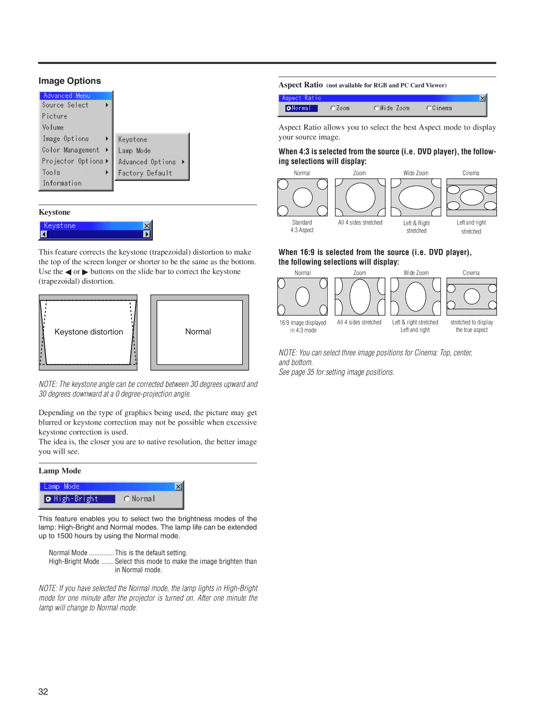 Integra DLV-100 instruction manual Image Options, Keystone distortion, Lamp Mode 