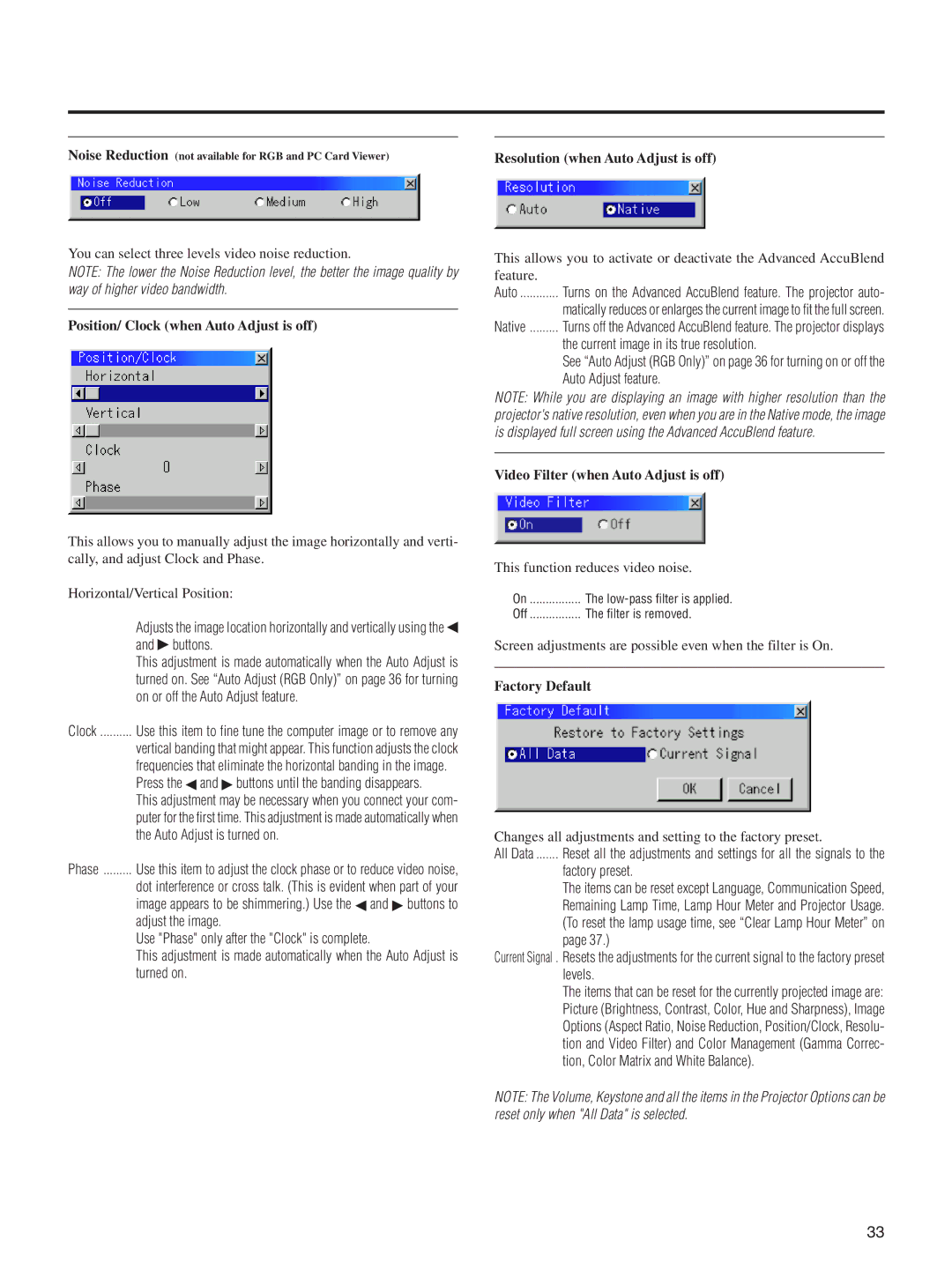 Integra DLV-100 Position/ Clock when Auto Adjust is off, Resolution when Auto Adjust is off, Factory Default 