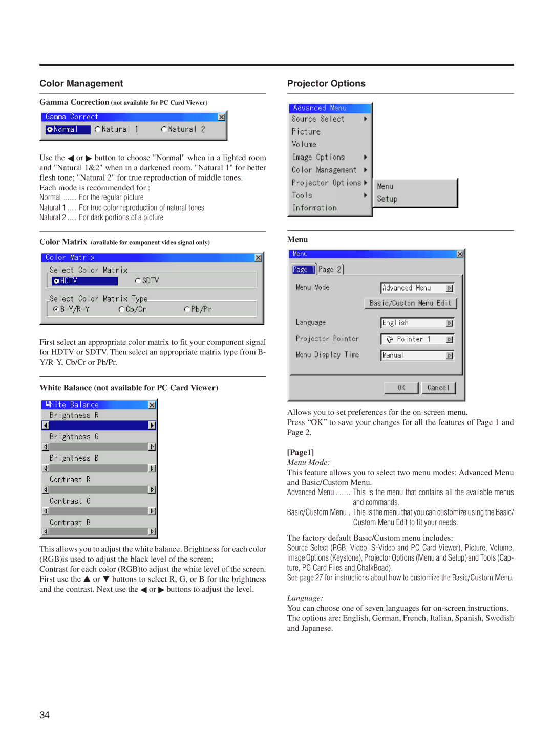 Integra DLV-100 Color Management, Projector Options, White Balance not available for PC Card Viewer, Page1 Menu Mode 