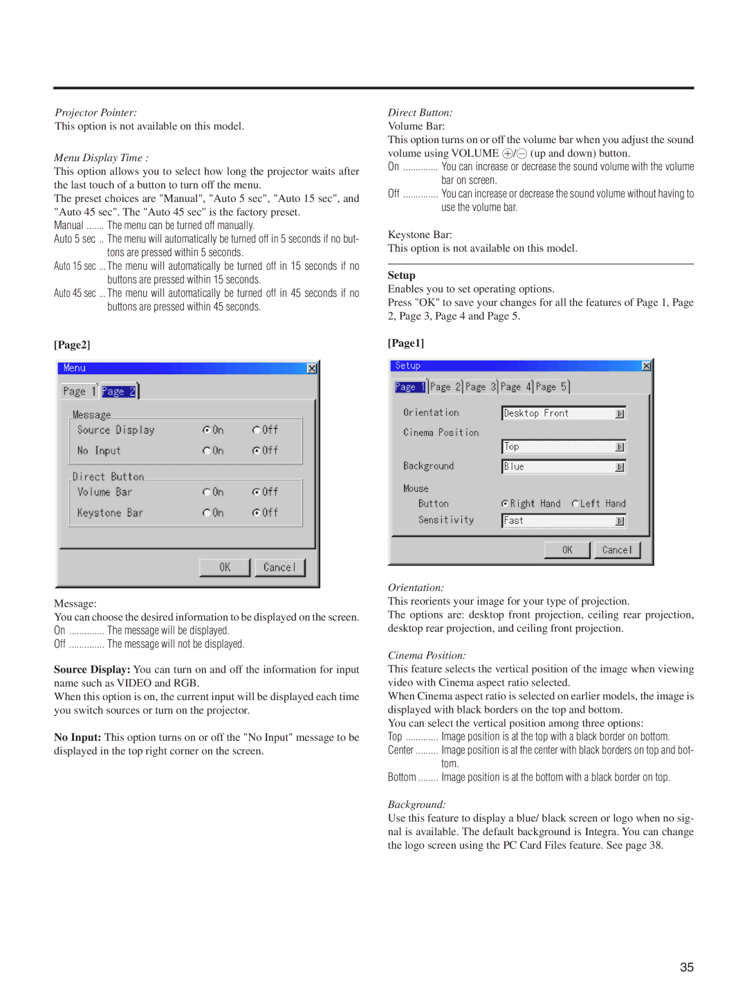 Integra DLV-100 instruction manual Page2, Setup, Page1 