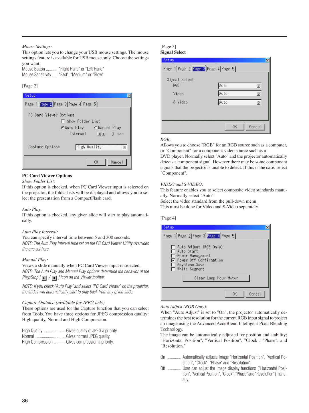 Integra DLV-100 PC Card Viewer Options, You can specify interval time between 5 and 300 seconds, Signal Select, Ally 