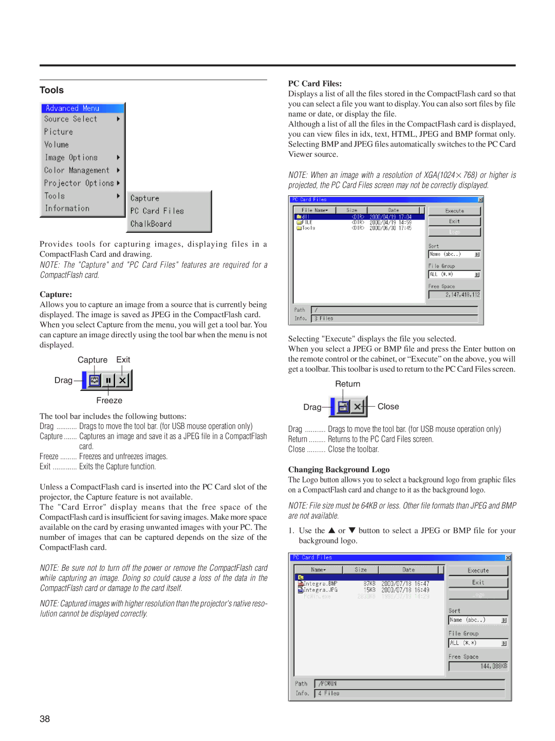 Integra DLV-100 instruction manual Tools, Capture, PC Card Files, Changing Background Logo 