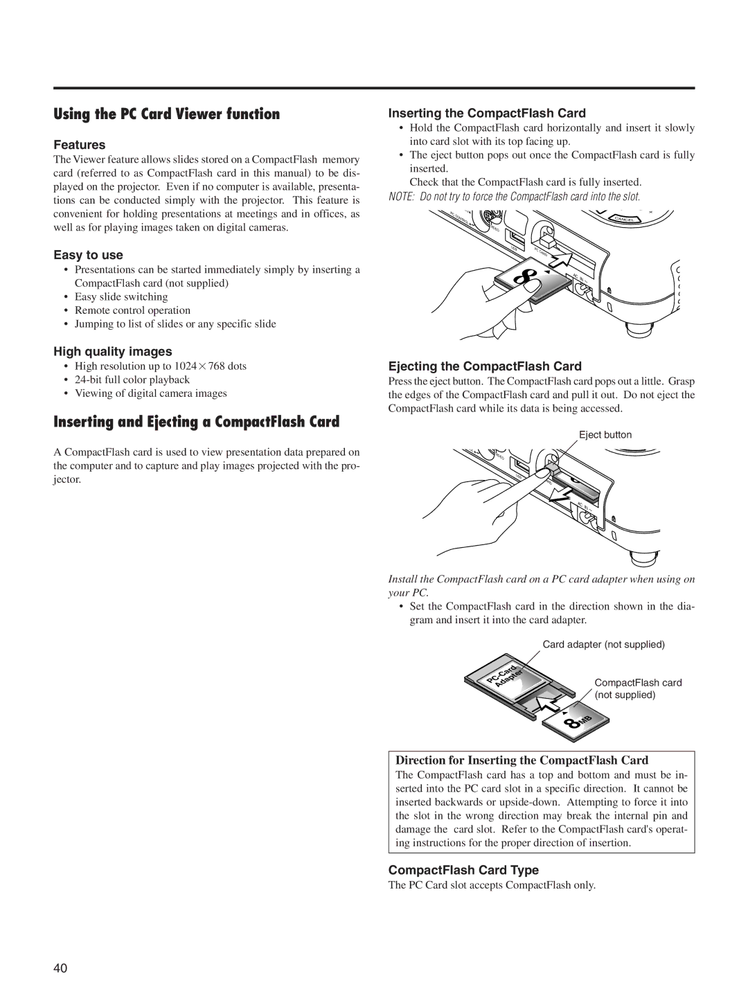 Integra DLV-100 instruction manual Using the PC Card Viewer function, Inserting and Ejecting a CompactFlash Card 