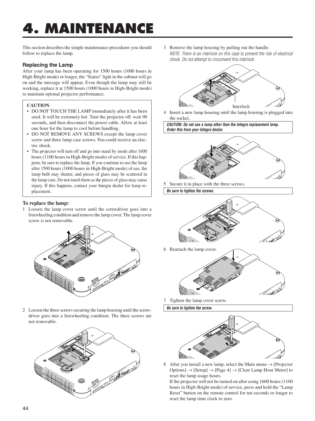 Integra DLV-100 instruction manual Maintenance, Replacing the Lamp 