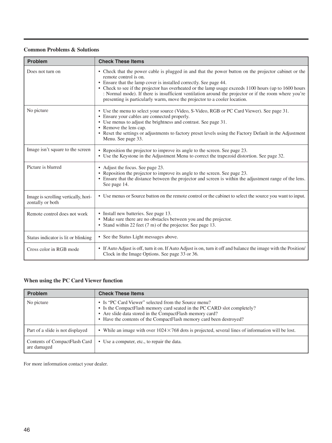 Integra DLV-100 instruction manual Problem Check These Items, Clock in the Image Options. See page 33 or 