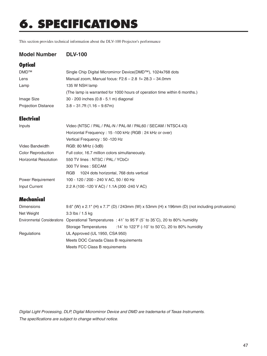 Integra DLV-100 instruction manual Specifications, Electrical, Mechanical 