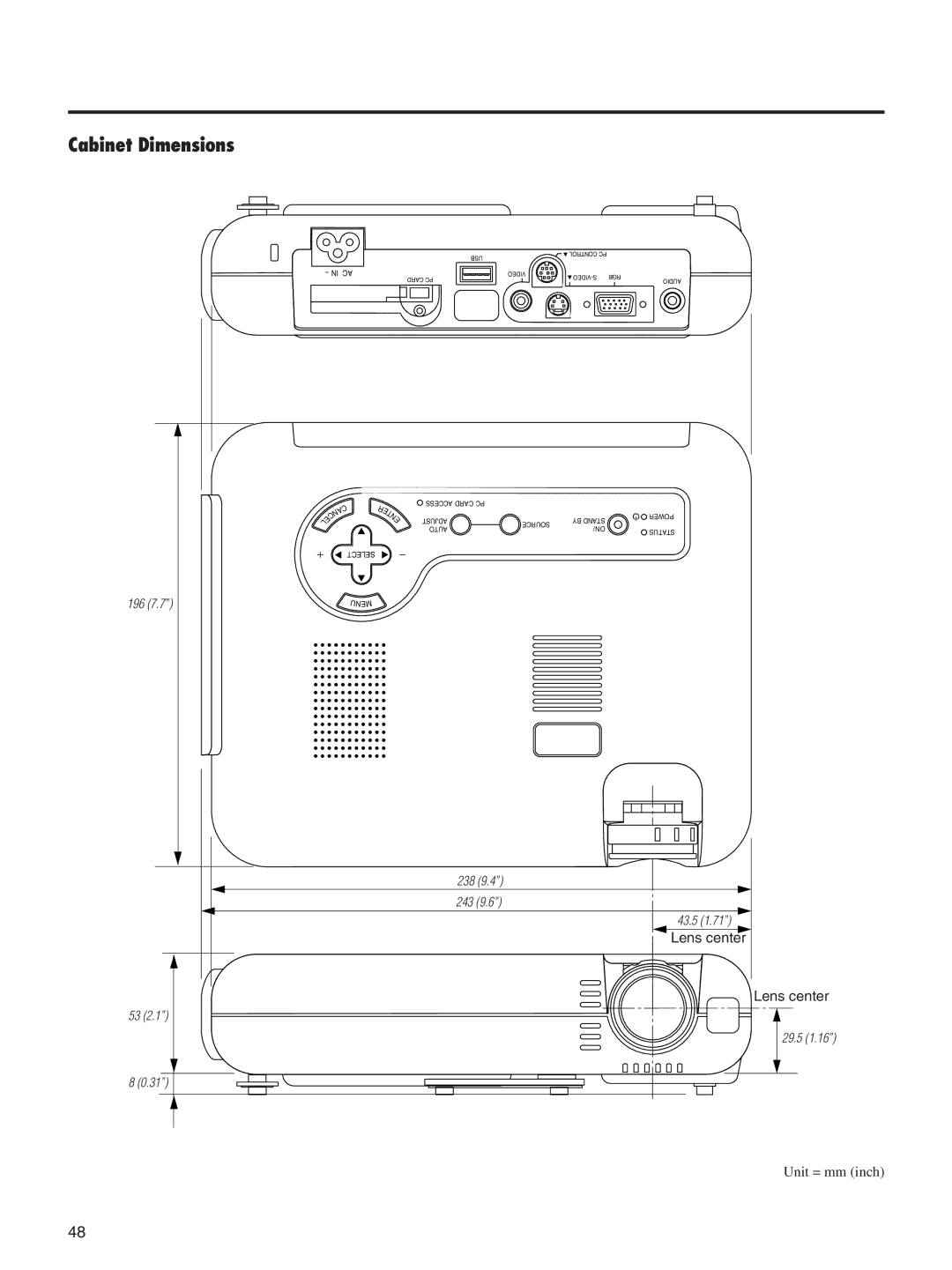 Integra DLV-100 instruction manual Cabinet Dimensions, Unit = mm inch 