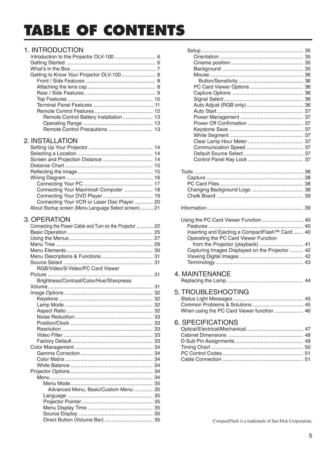 Integra DLV-100 instruction manual Table of Contents 