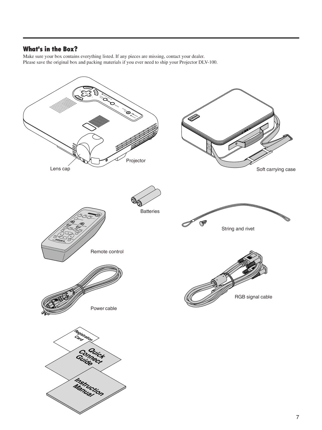 Integra DLV-100 instruction manual Whats in the Box?, Projector Lens cap, Batteries 