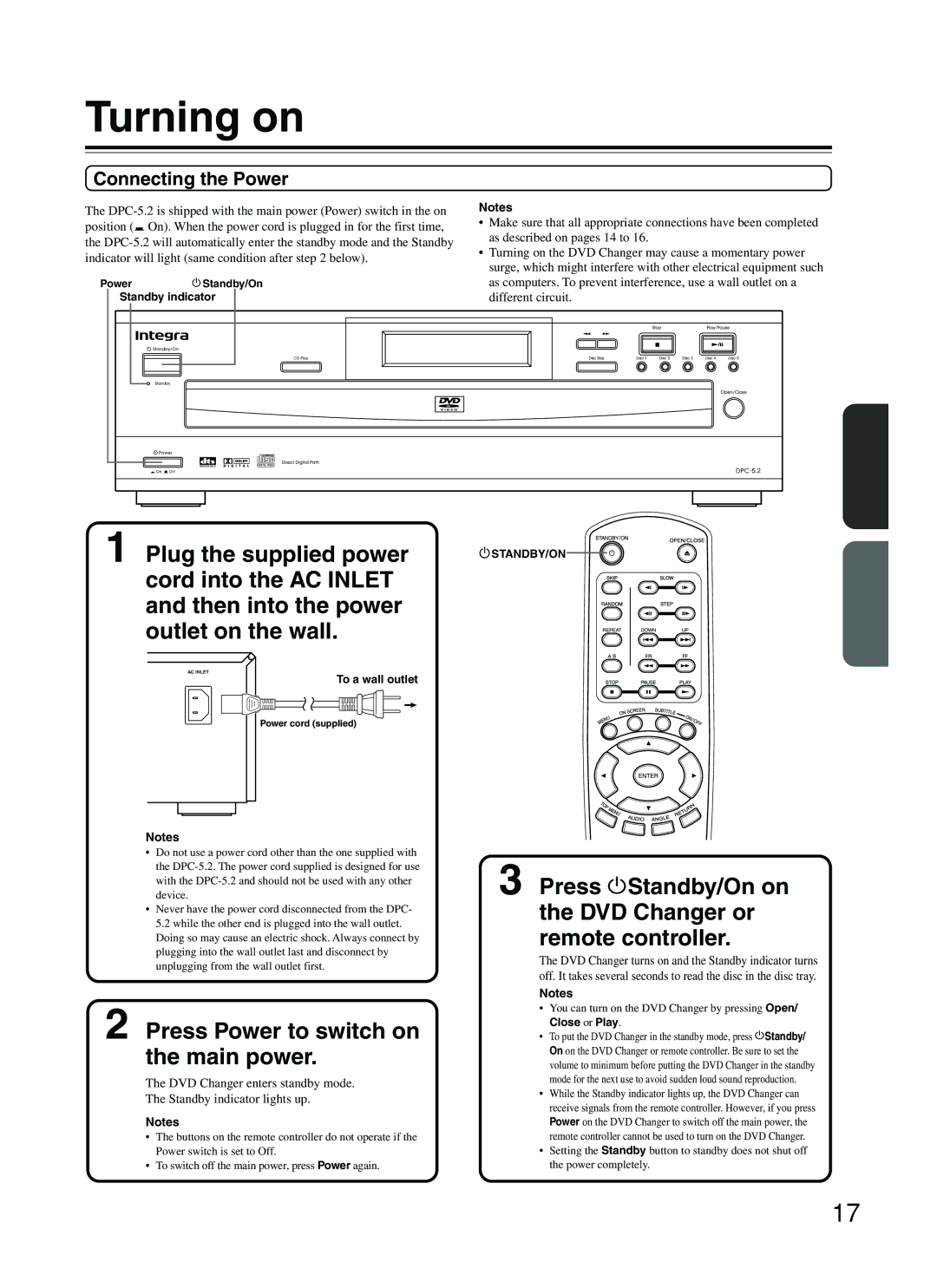 Integra DPC-5.2 Turning on, Connecting the Power, DVD Changer enters standby mode Standby indicator lights up 