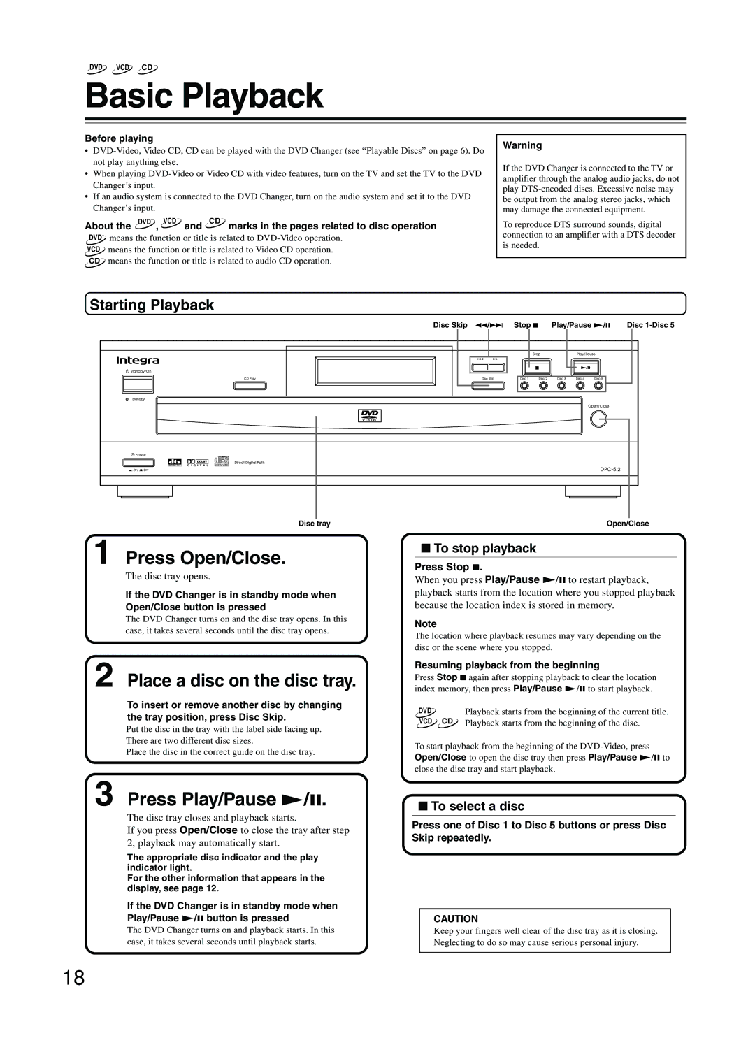 Integra DPC-5.2 instruction manual Basic Playback, Starting Playback, To stop playback, To select a disc, Press Stop 