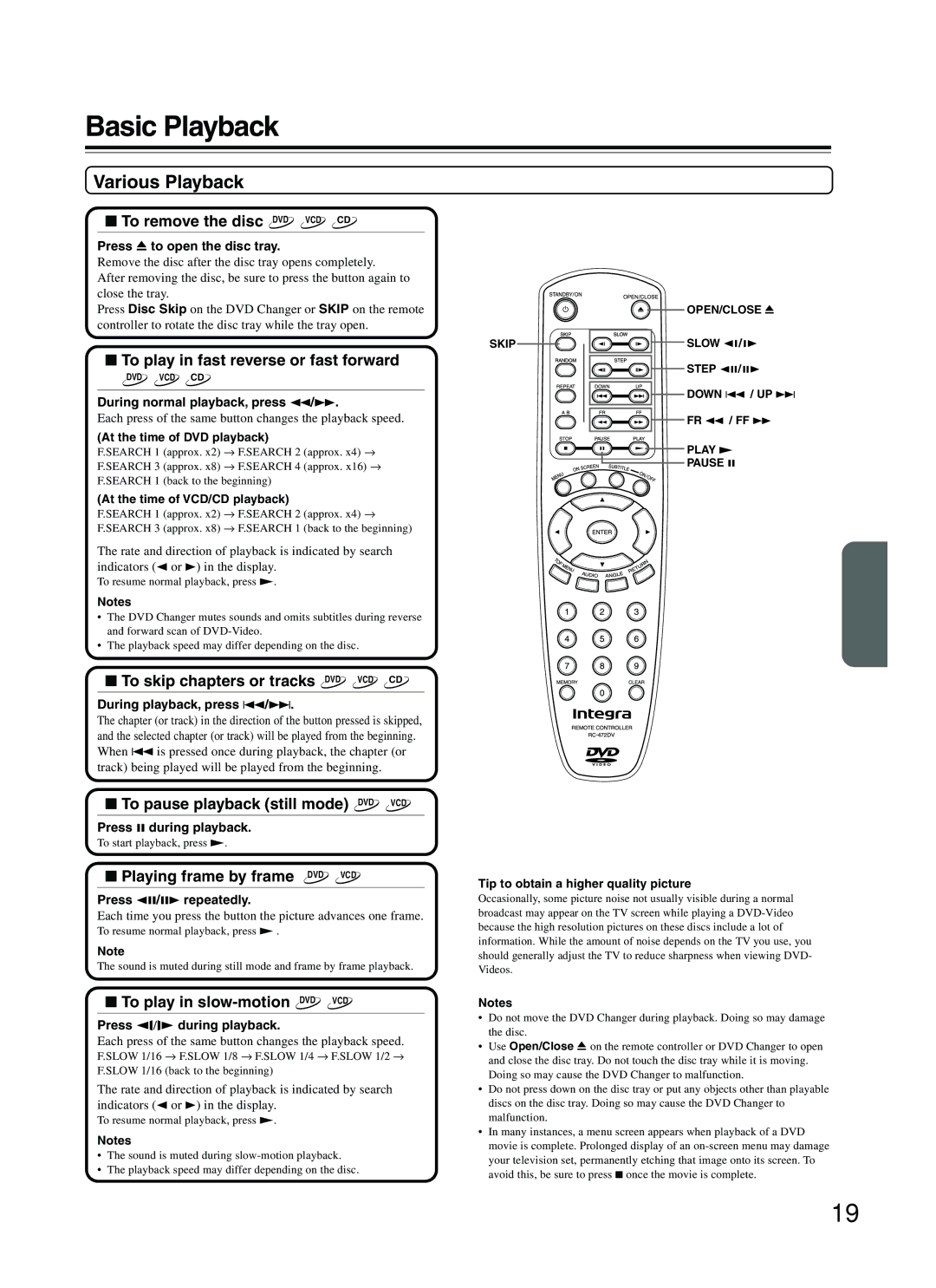 Integra DPC-5.2 instruction manual Basic Playback, Various Playback 