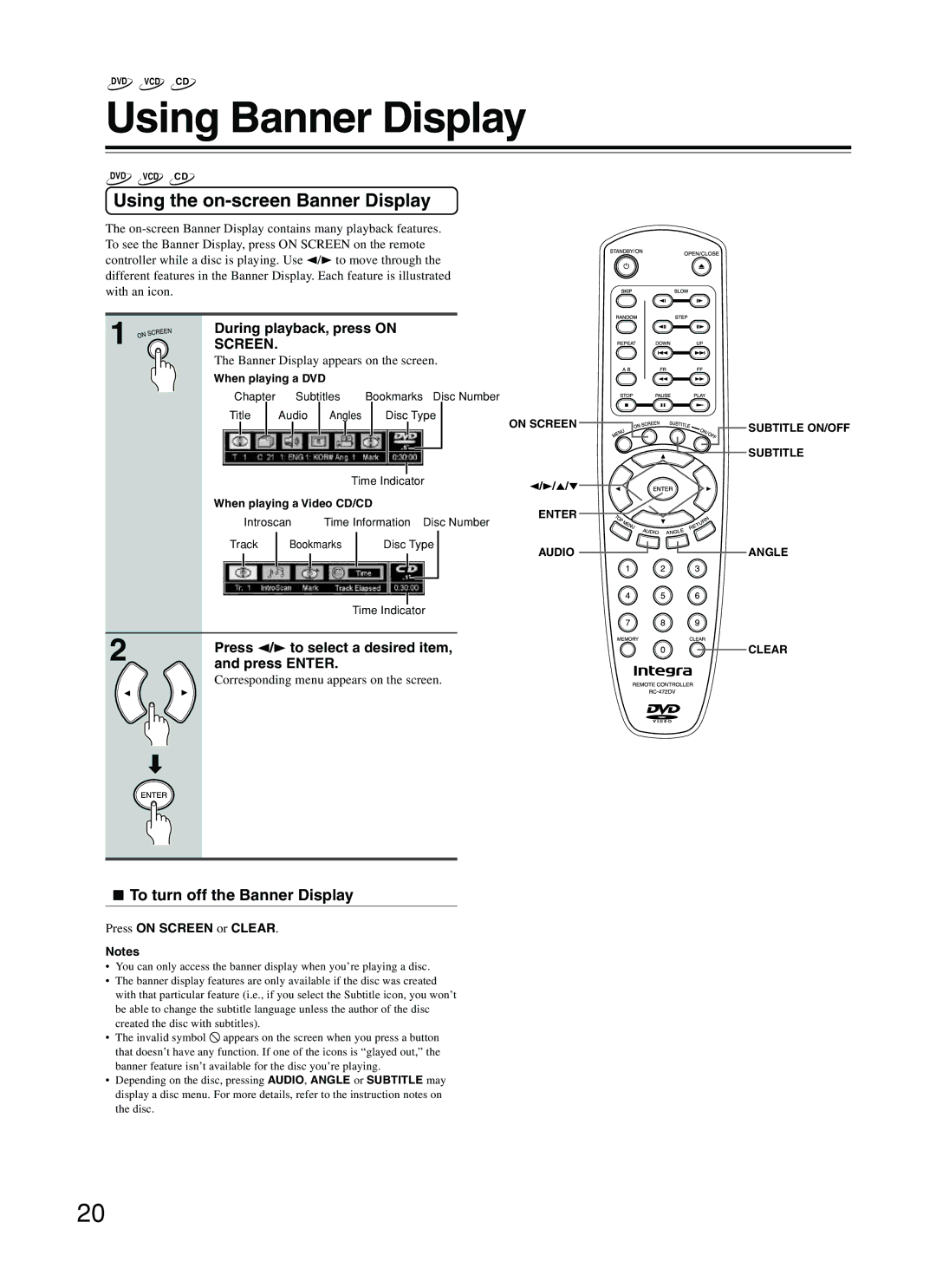 Integra DPC-5.2 instruction manual Using Banner Display, Using the on-screen Banner Display, To turn off the Banner Display 