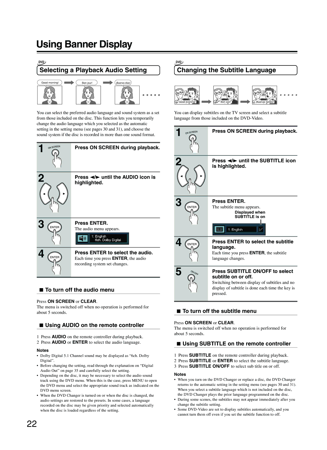 Integra DPC-5.2 instruction manual Selecting a Playback Audio Setting, Changing the Subtitle Language 