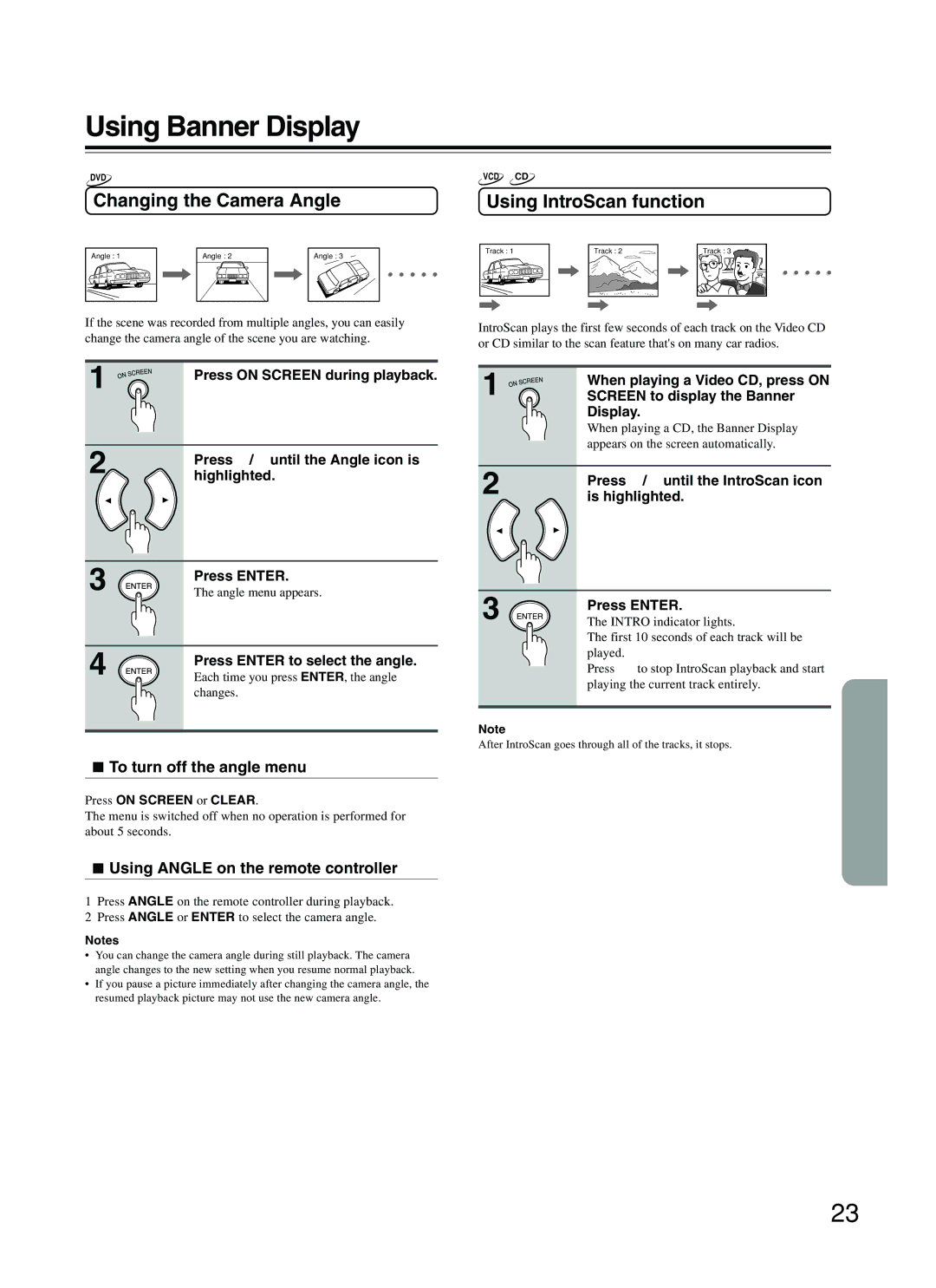 Integra DPC-5.2 instruction manual Changing the Camera Angle, Using IntroScan function, To turn off the angle menu 