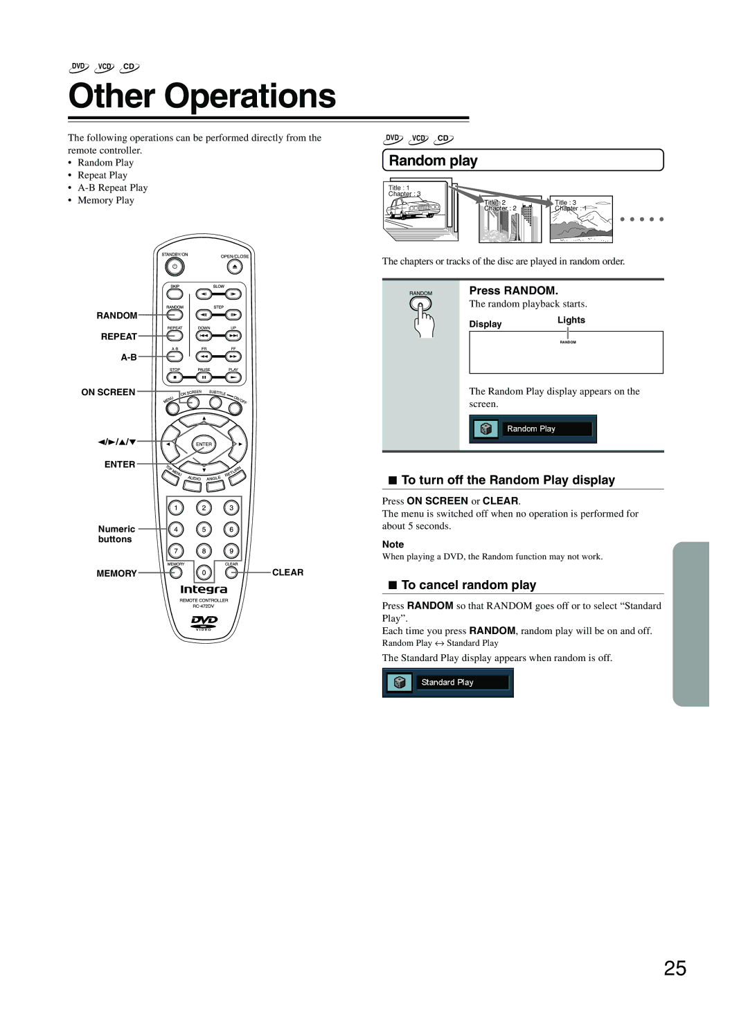 Integra DPC-5.2 Other Operations, Random play, To turn off the Random Play display, To cancel random play, Press Random 