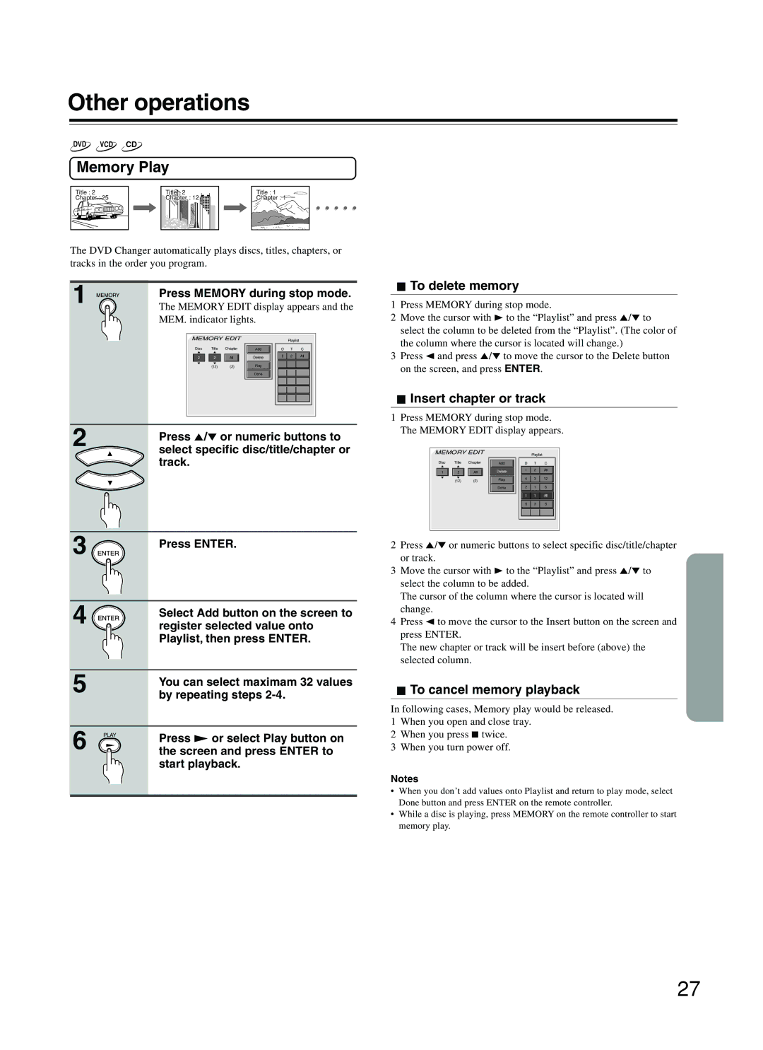 Integra DPC-5.2 instruction manual Memory Play, To delete memory, Insert chapter or track, To cancel memory playback 