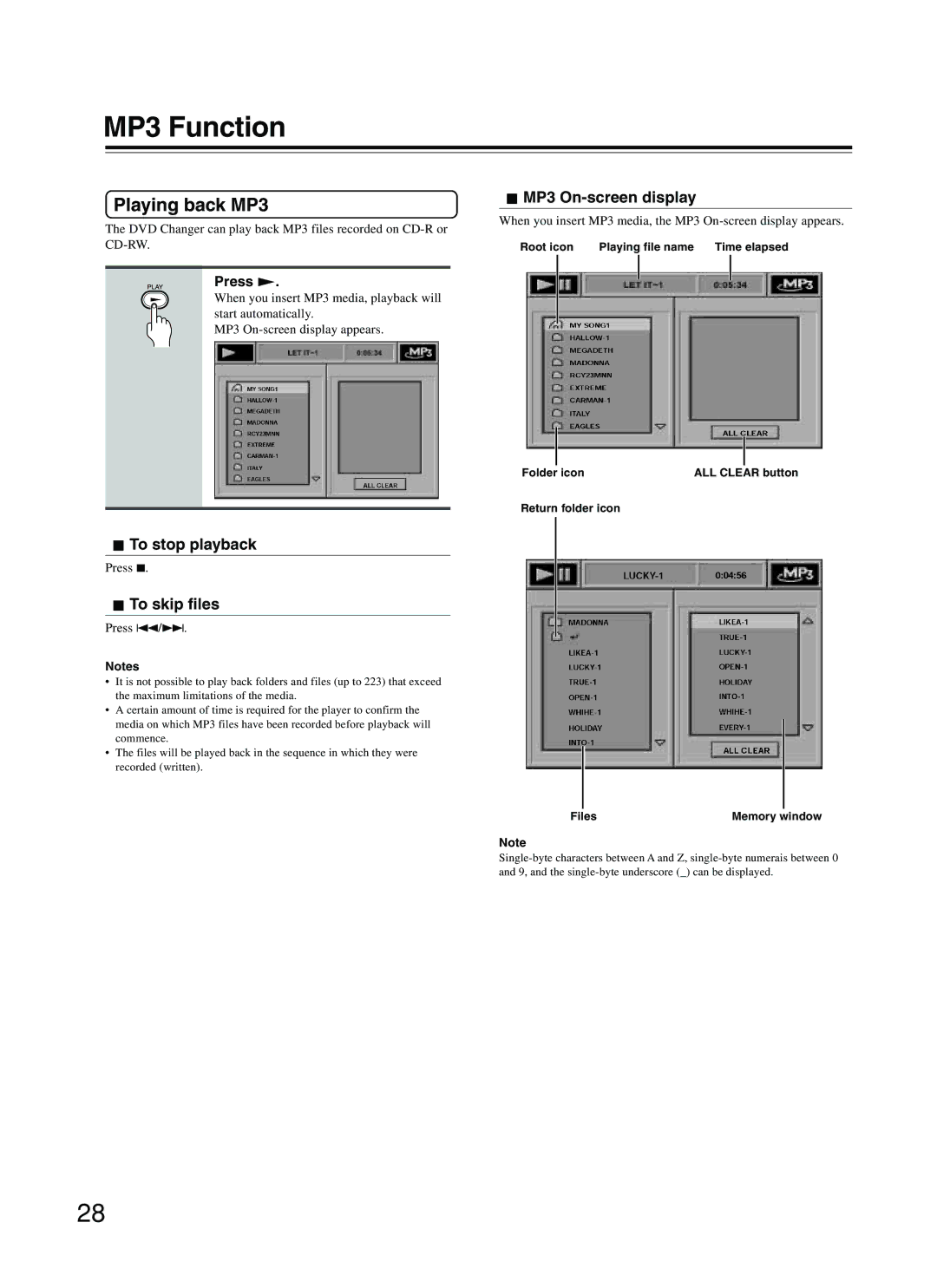 Integra DPC-5.2 instruction manual MP3 Function, Playing back MP3, To skip files, MP3 On-screen display, Press £ 