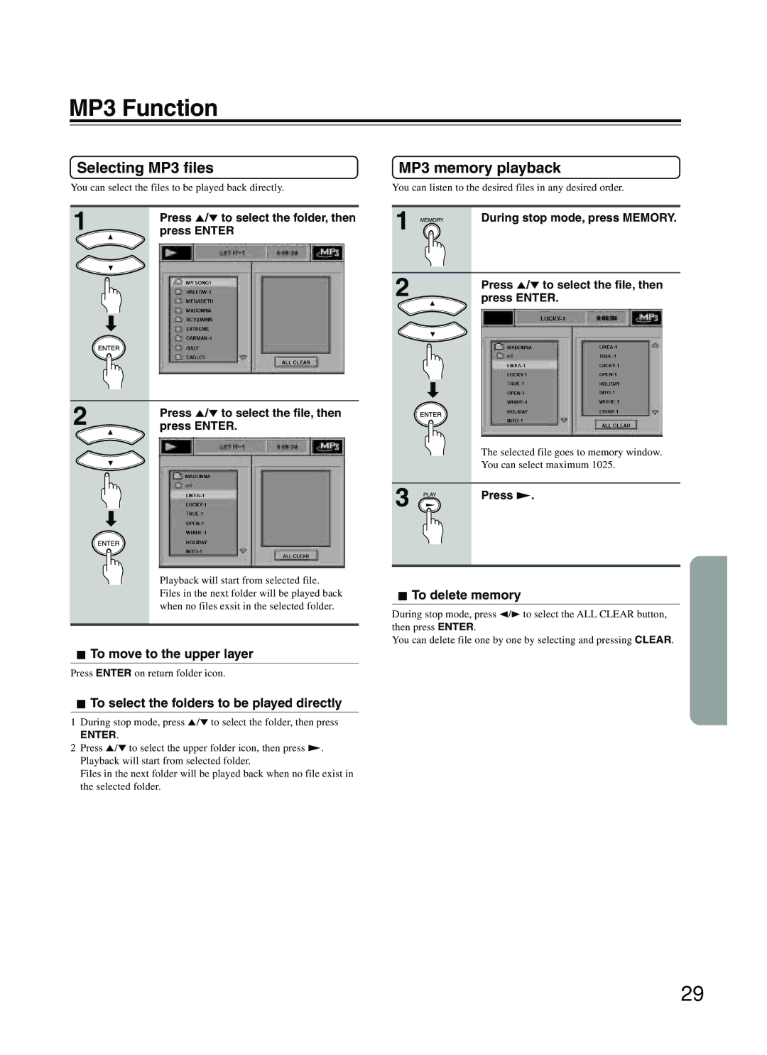 Integra DPC-5.2 instruction manual Selecting MP3 files, MP3 memory playback, To move to the upper layer 