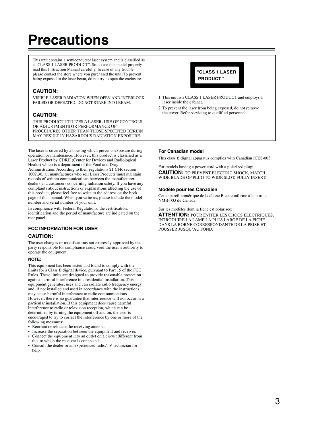 Integra DPC-5.2 instruction manual Precautions, For Canadian model, Modèle pour les Canadien 