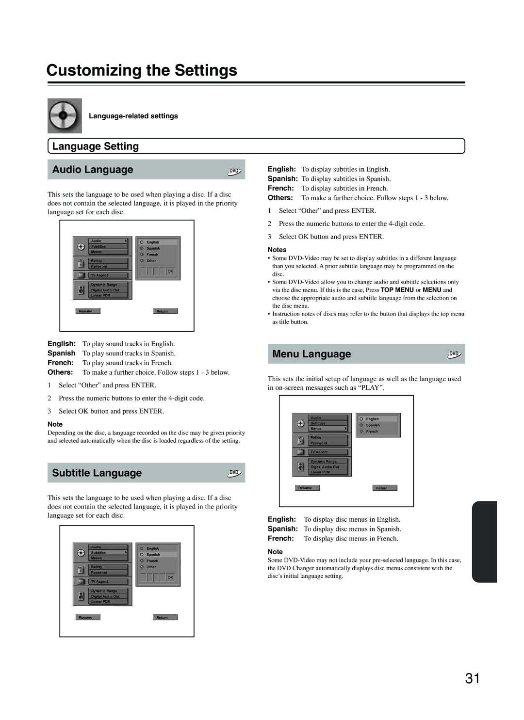 Integra DPC-5.2 Customizing the Settings, Language Setting Audio Language, Subtitle Language, Menu Language 