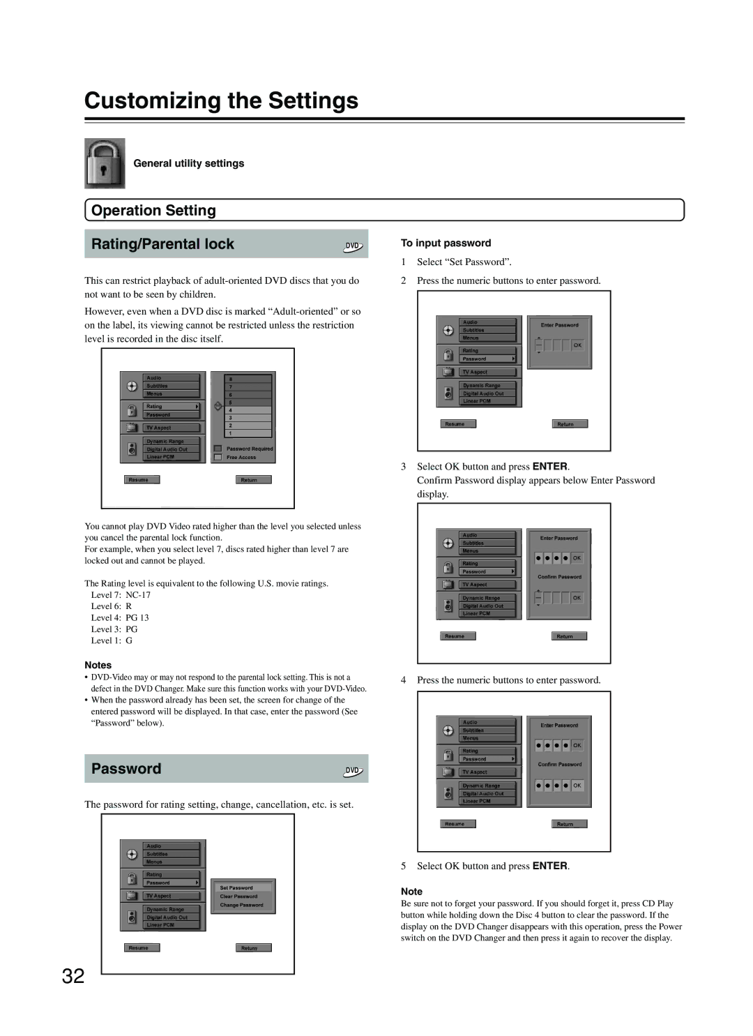 Integra DPC-5.2 Operation Setting Rating/Parental lock, Password, General utility settings, To input password 