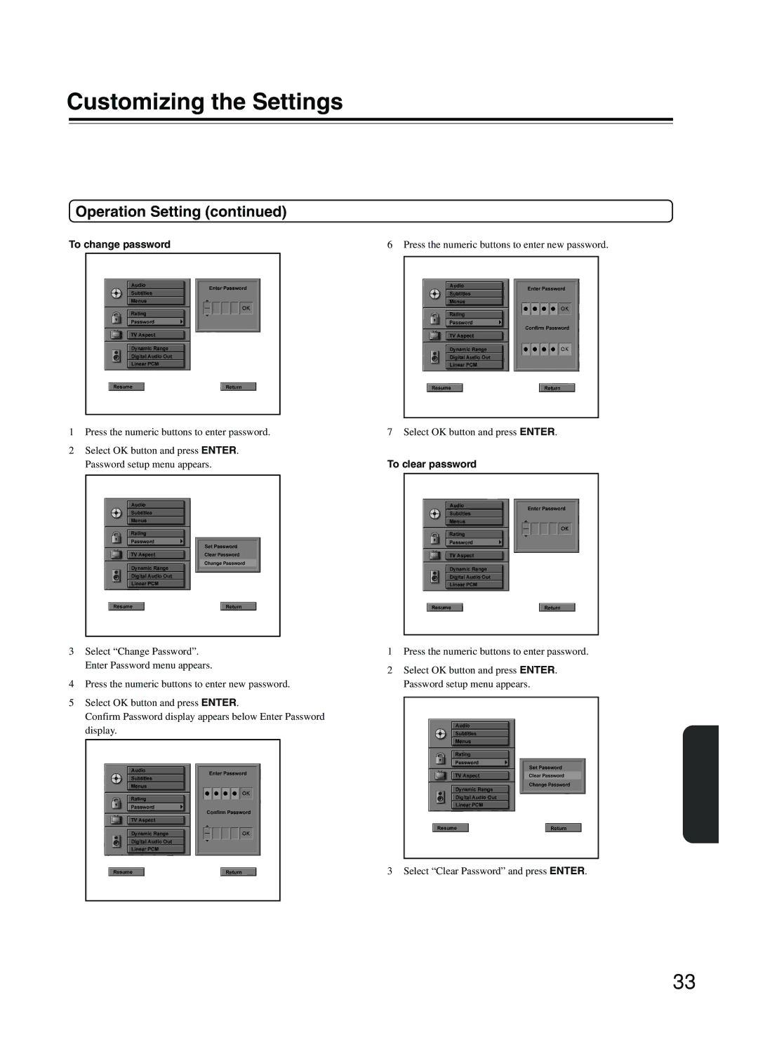 Integra DPC-5.2 instruction manual Operation Setting, To change password, To clear password 