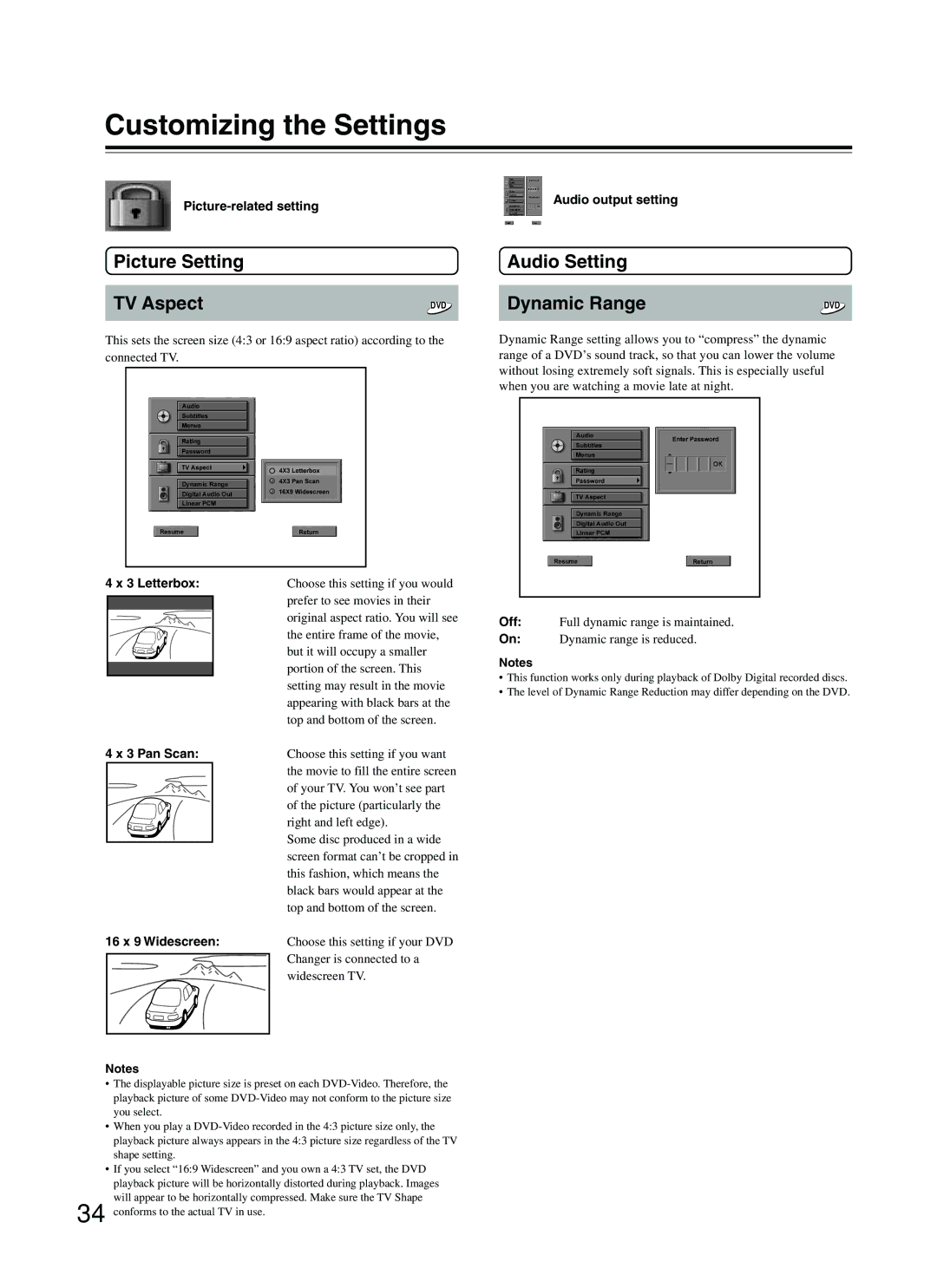 Integra DPC-5.2 instruction manual Picture Setting Audio Setting TV Aspect, Dynamic Range 