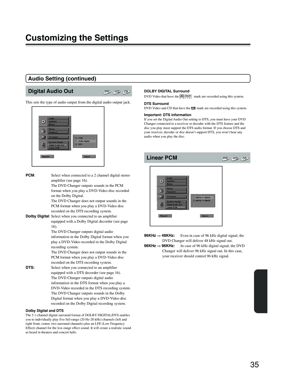 Integra DPC-5.2 instruction manual Audio Setting Digital Audio Out, Linear PCM 