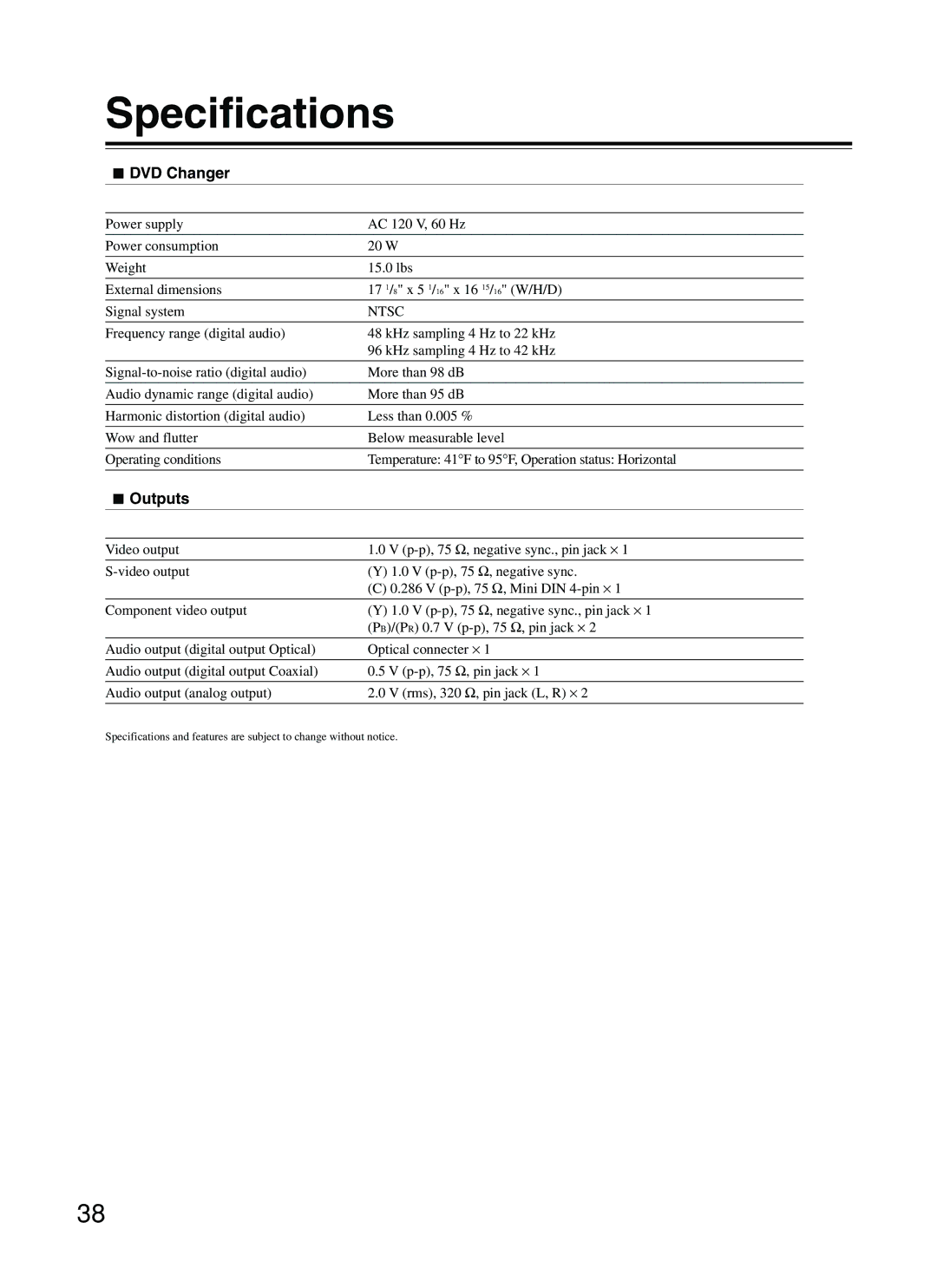 Integra DPC-5.2 instruction manual Specifications, DVD Changer, Outputs 