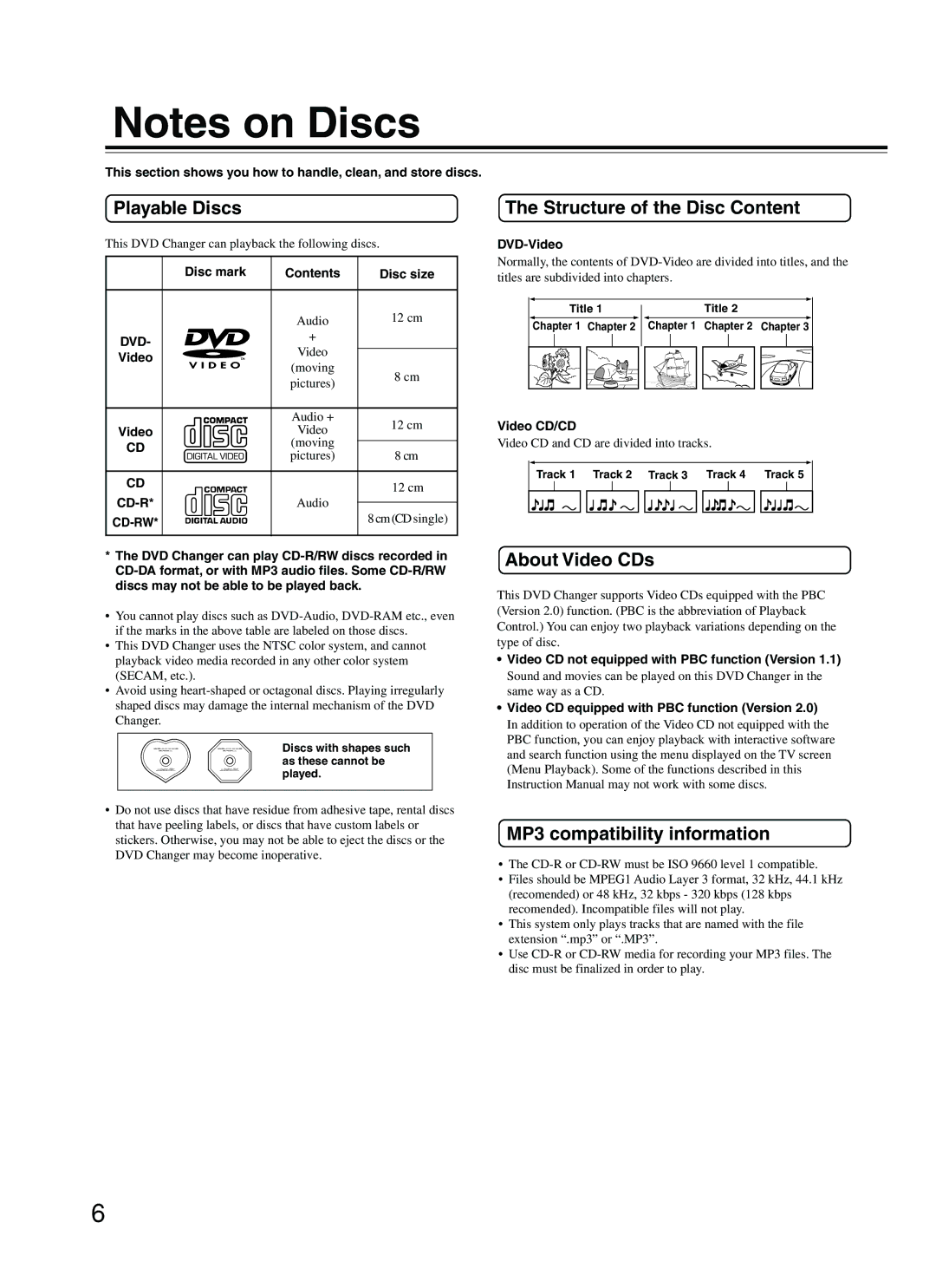 Integra DPC-5.2 Playable Discs Structure of the Disc Content, About Video CDs, MP3 compatibility information 