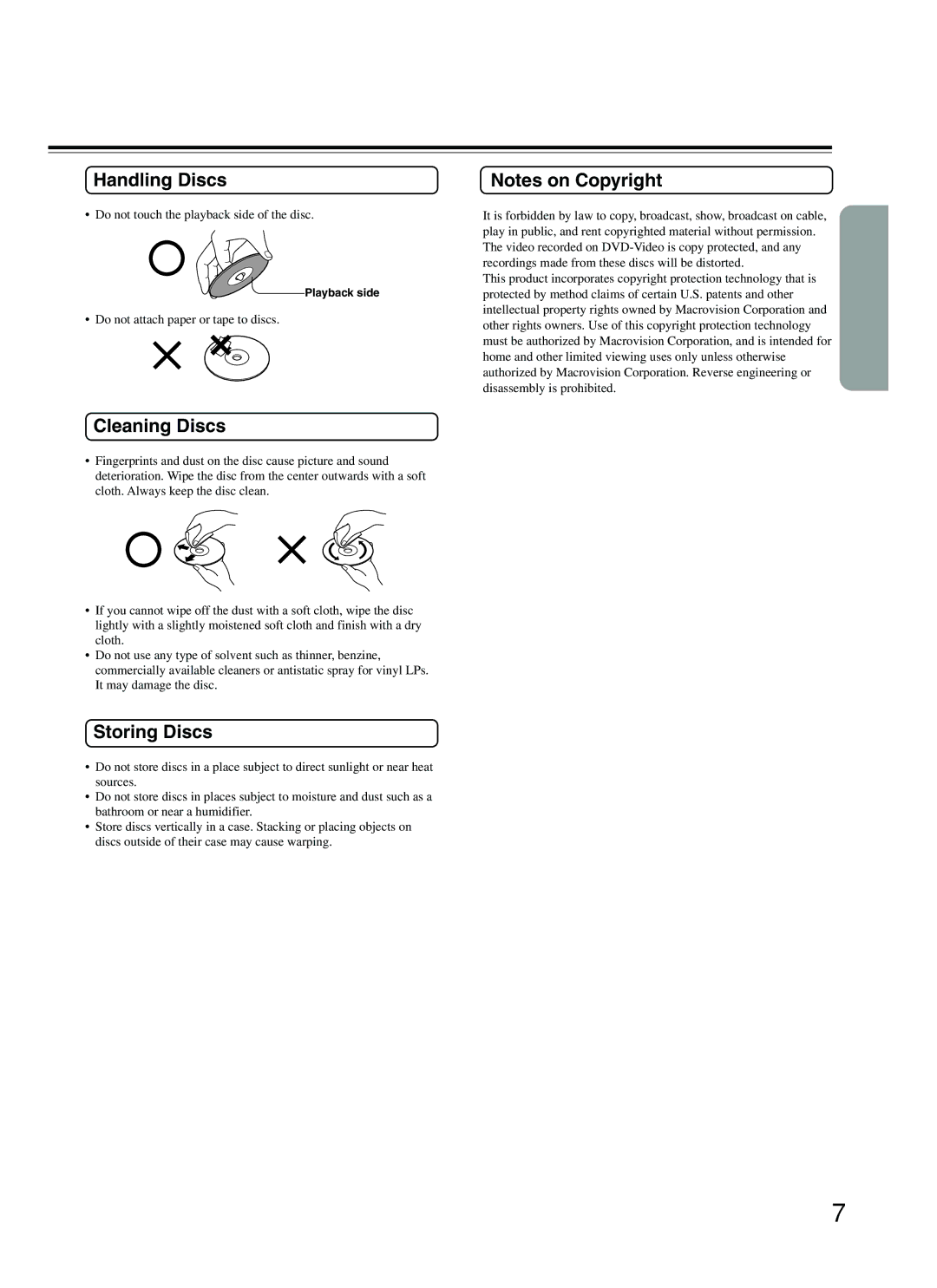 Integra DPC-5.2 Handling Discs, Cleaning Discs, Storing Discs, Do not touch the playback side of the disc 