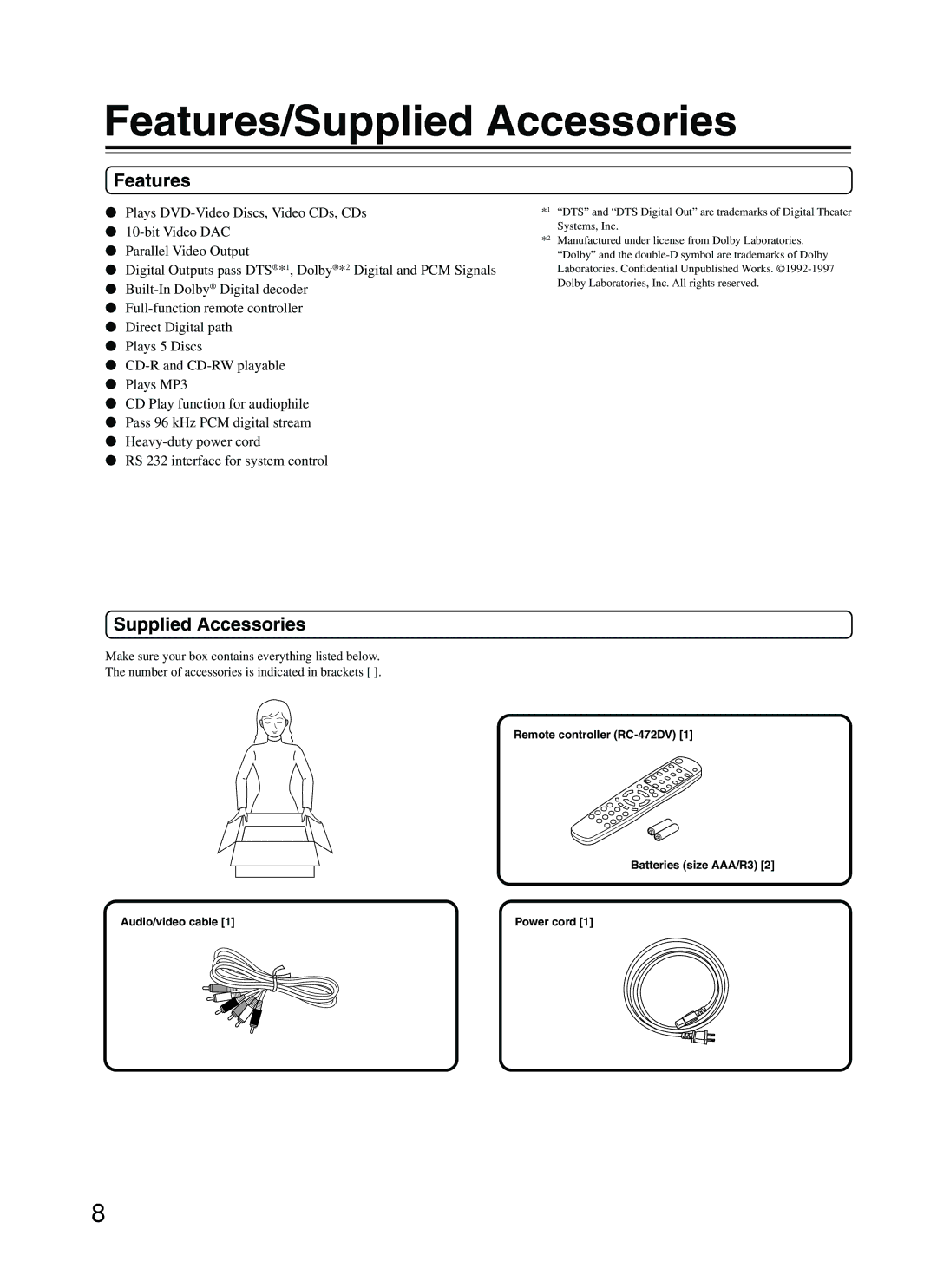 Integra DPC-5.2 instruction manual Features/Supplied Accessories 