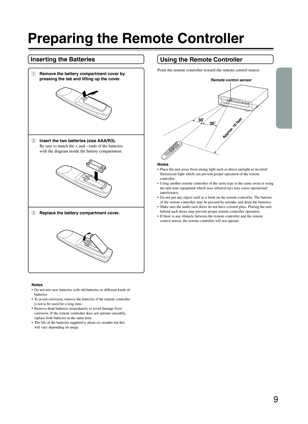 Integra DPC-5.2 Preparing the Remote Controller, Inserting the Batteries, Using the Remote Controller, 30˚ 