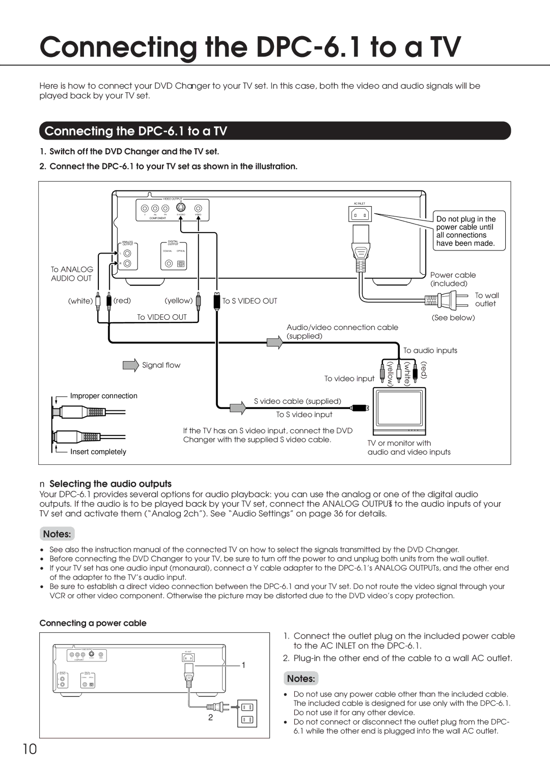 Integra Connecting the DPC-6.1 to a TV, Selecting the audio outputs, Connecting a power cable, Audio OUT 