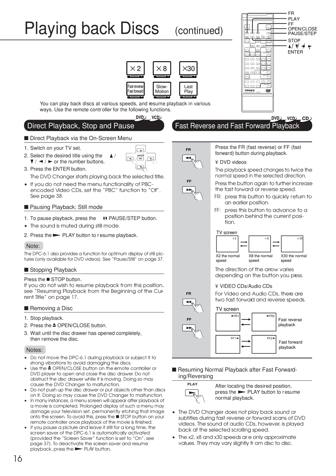 Integra DPC-6.1 instruction manual Playing back Discs 