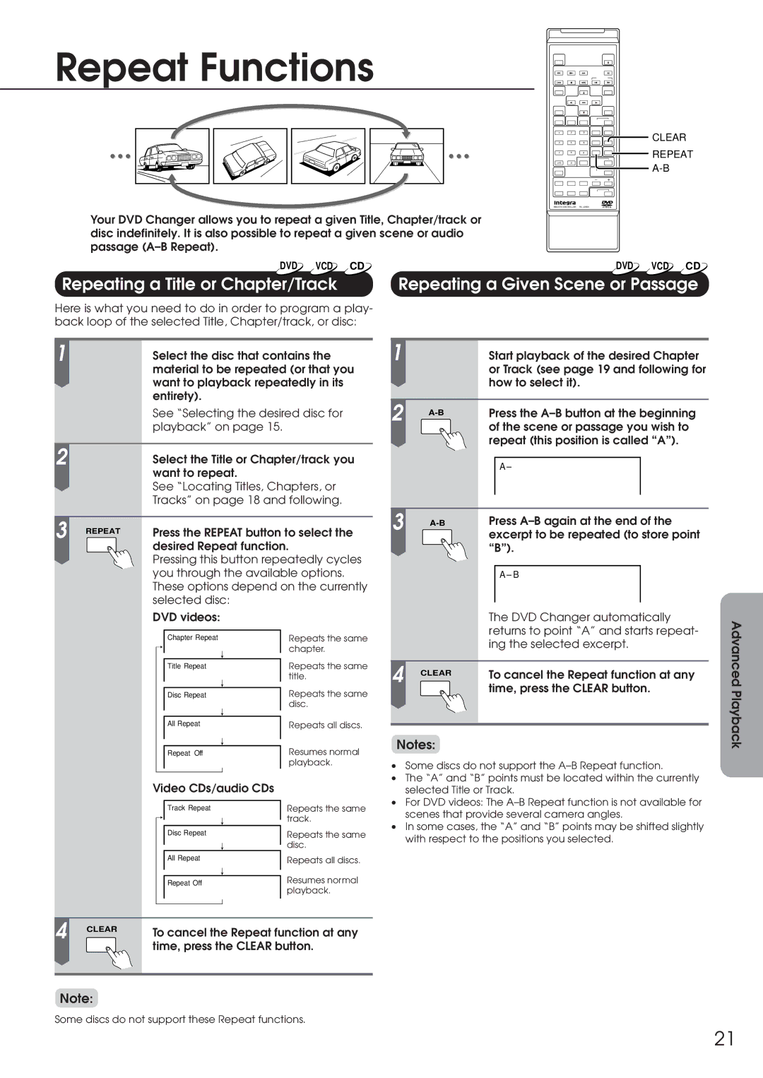 Integra DPC-6.1 instruction manual Repeat Functions, Advanced Playback Function Setup 